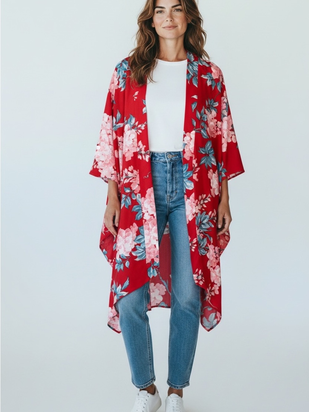 Umgee Floral Kimono Cardigan Medium Boho Duster Open Front Lightweight